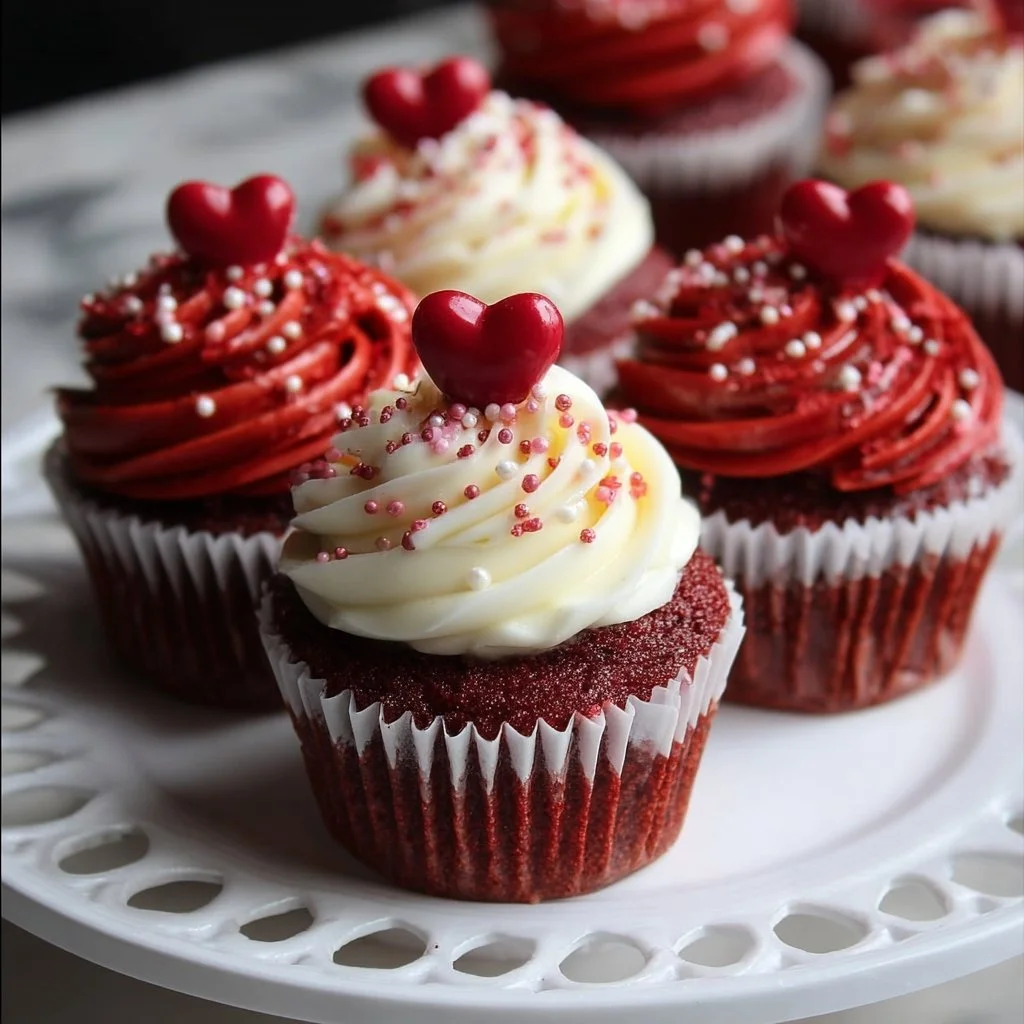 Delicious red velvet cupcakes showcased for Valentine's baking in 2026.