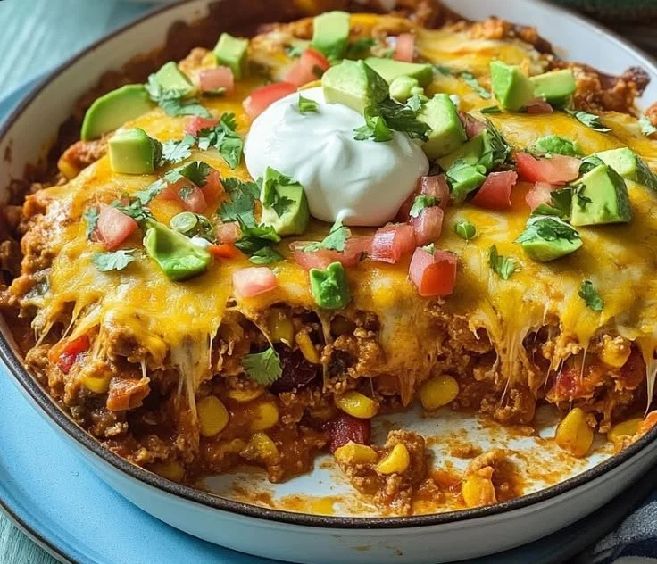 Pioneer Woman Taco Casserole 3 Pioneer Woman taco casserole topped with cheese and fresh toppings
