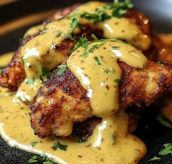 Pretzel Chicken with Mustard-Cheddar Sauce