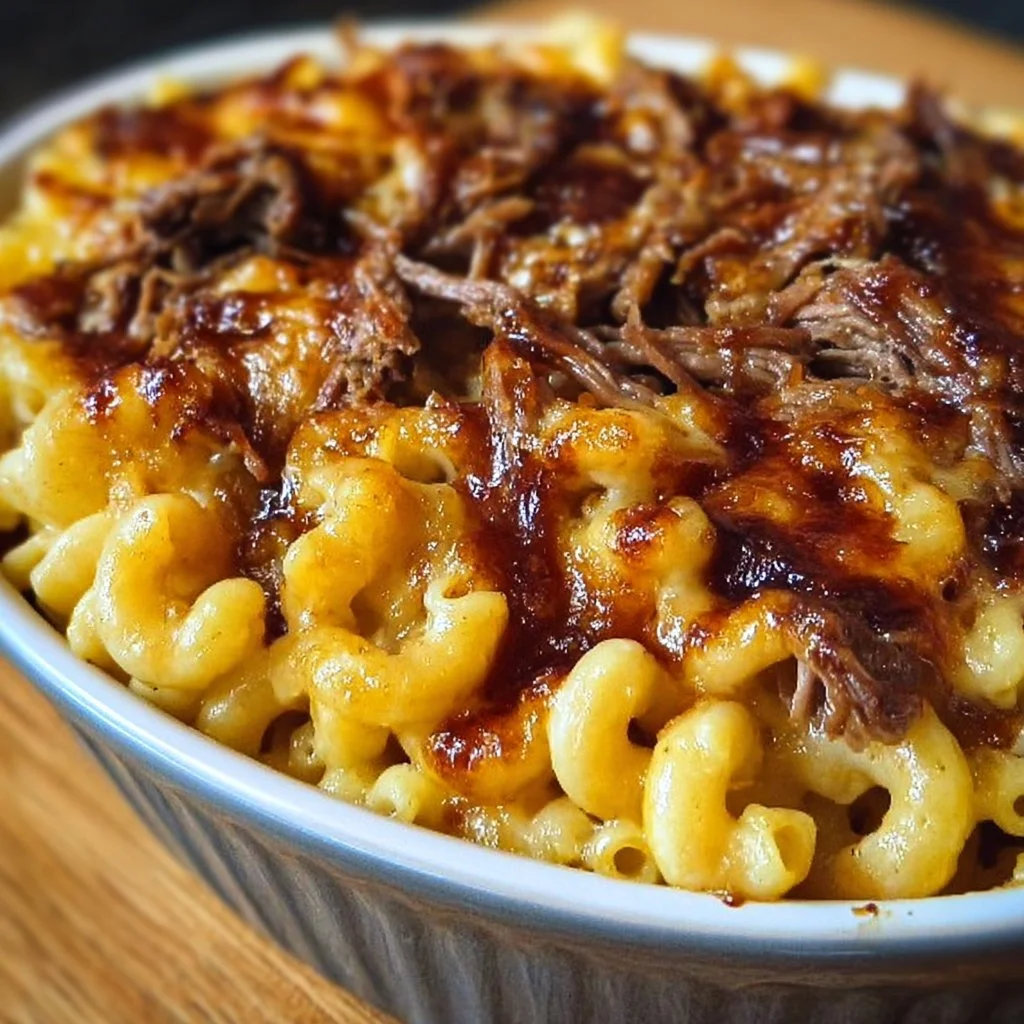 Delicious pulled beef mac and cheese topped with melted cheese and herbs