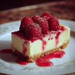 Delicious slice of raspberry cheesecake topped with fresh raspberries