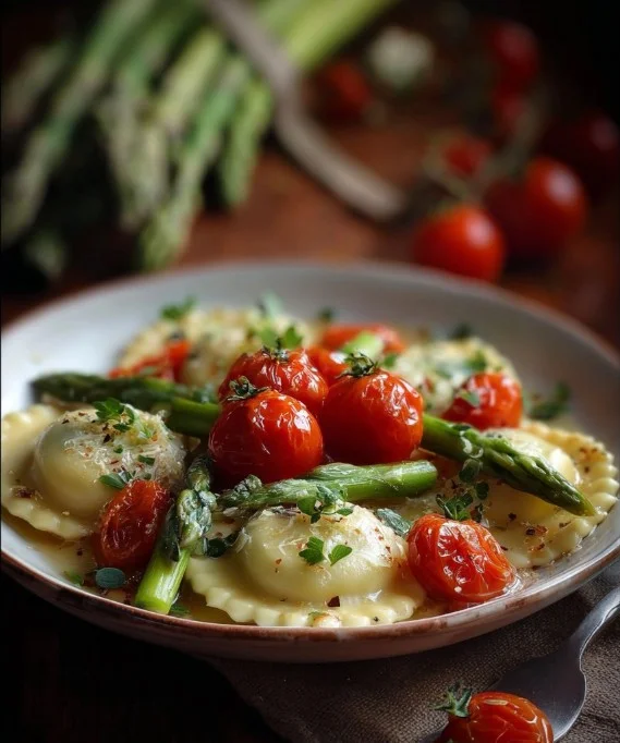 Ravioli with Tomatoes, Asparagus, Garlic & Herbs 3 Ravioli dish with tomatoes, asparagus, garlic, and herbs served in a bowl