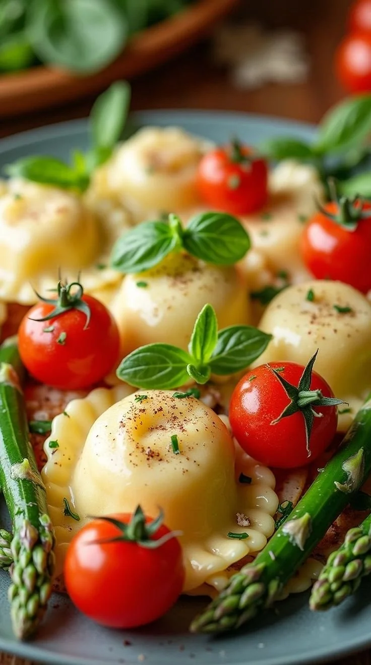 Ravioli with Tomatoes, Asparagus, Garlic & Herbs 4 Ravioli with Tomatoes, Asparagus, Garlic & Herbs Recipe