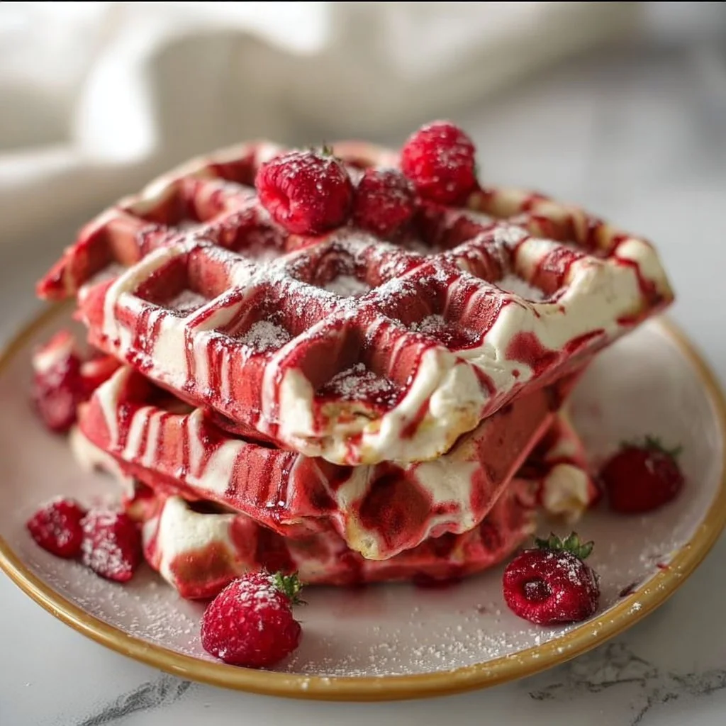 Delicious Red Velvet Marble Waffles topped with cream and strawberries
