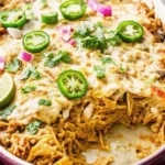 Salsa Verde Chicken Casserole topped with cheese and fresh herbs