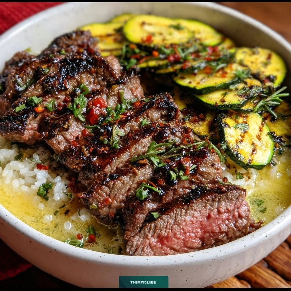 Savory Grilled Steak Bowl with Zucchini Sauce