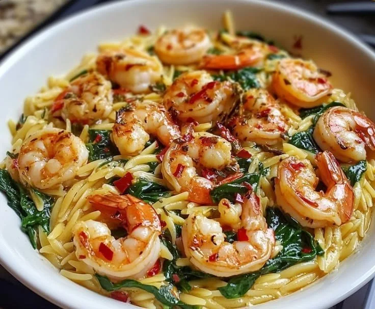 Shrimp and Spinach Orzo Skillet with vibrant ingredients and a tasty presentation.