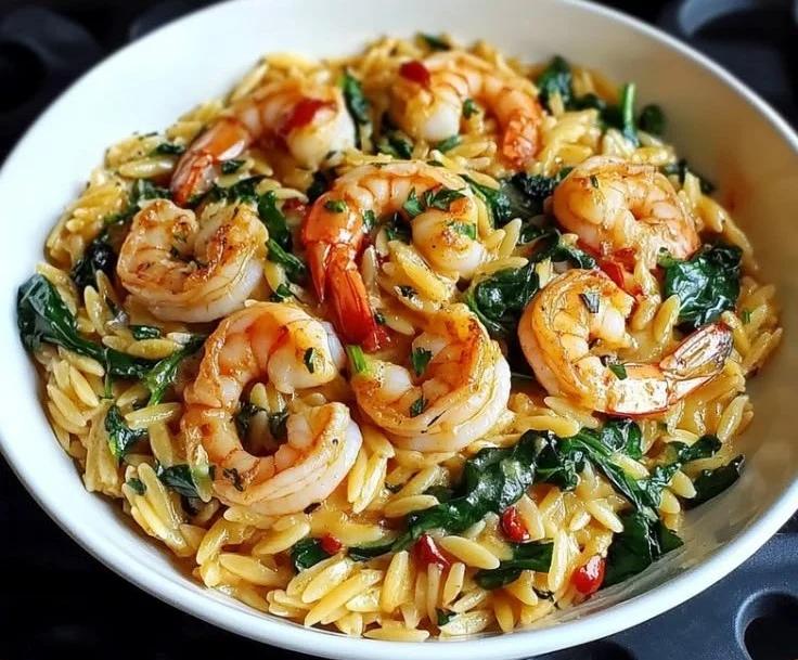 Shrimp and Spinach Orzo Skillet