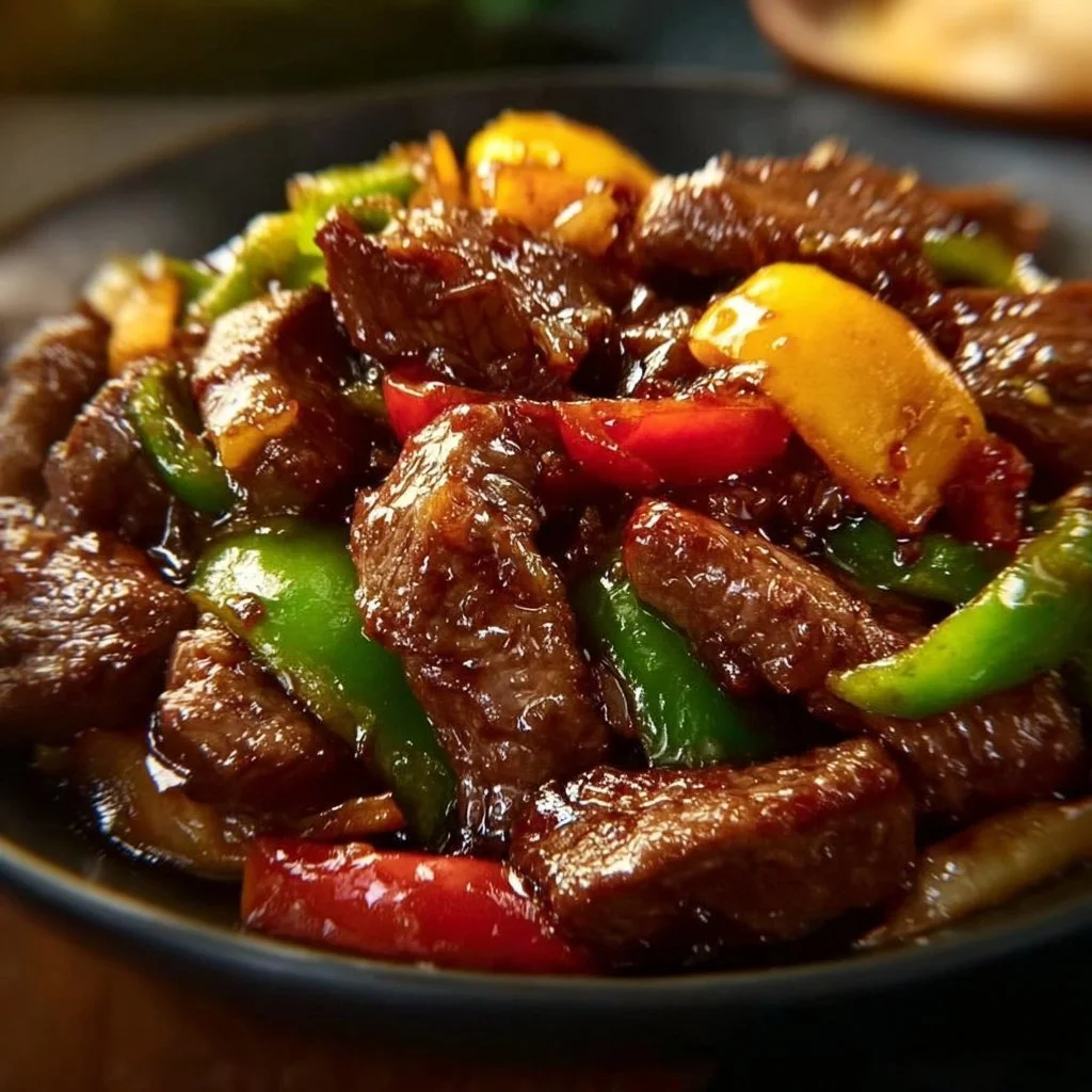 Sizzling Chinese pepper steak with onions served on a plate