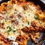 A delicious skillet lasagna meal prepared in one pan, served with fresh herbs.