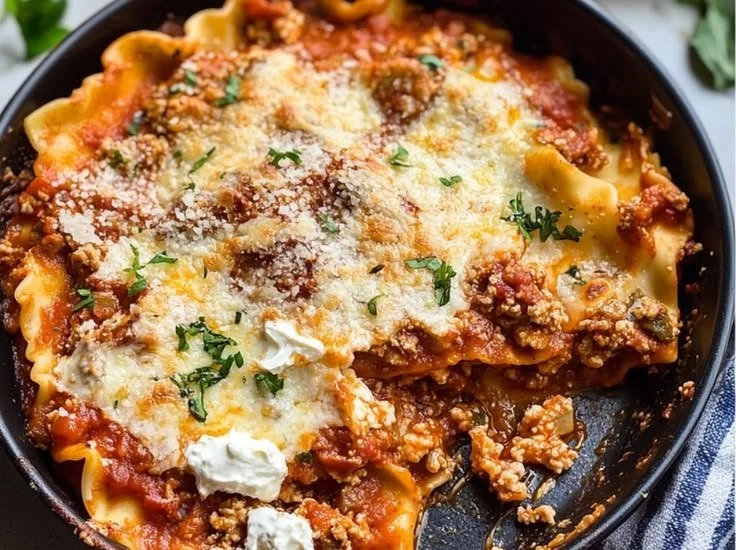A delicious skillet lasagna meal prepared in one pan, served with fresh herbs.