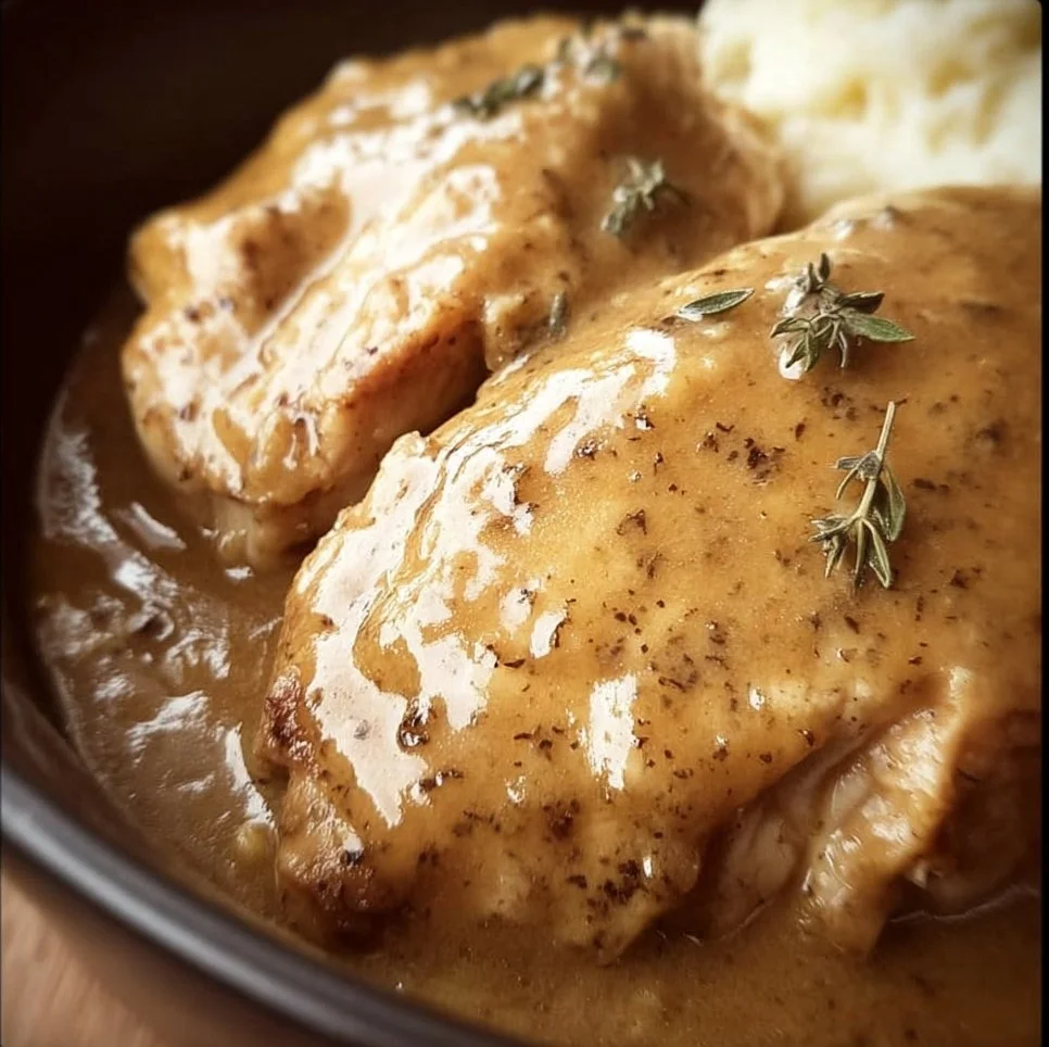Slow cooker chicken and gravy served on a plate with mashed potatoes