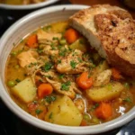 Bowl of slow cooker chicken stew with vegetables and herbs