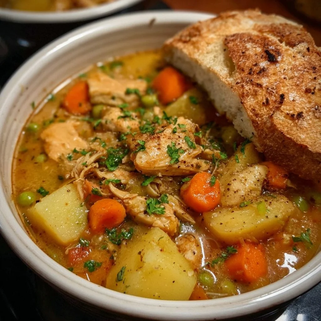 Bowl of slow cooker chicken stew with vegetables and herbs