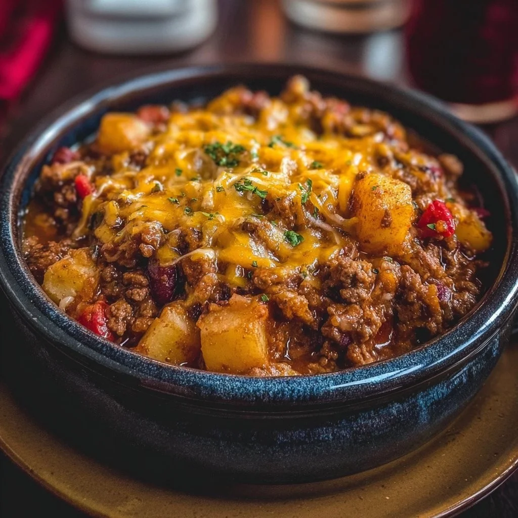 Delicious slow cooker cowboy casserole in a bowl, ready to serve.