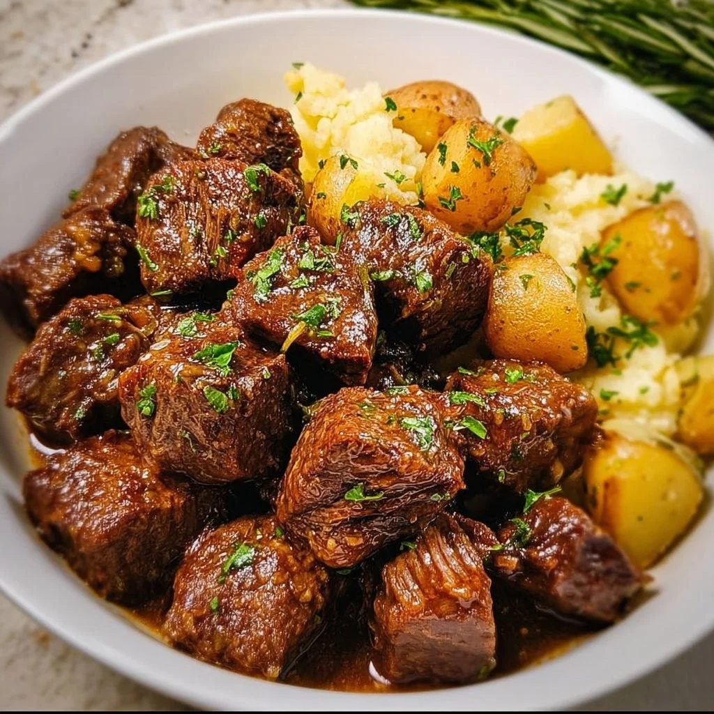 Slow Cooker Garlic Butter Beef Bites and Potatoes served on a plate