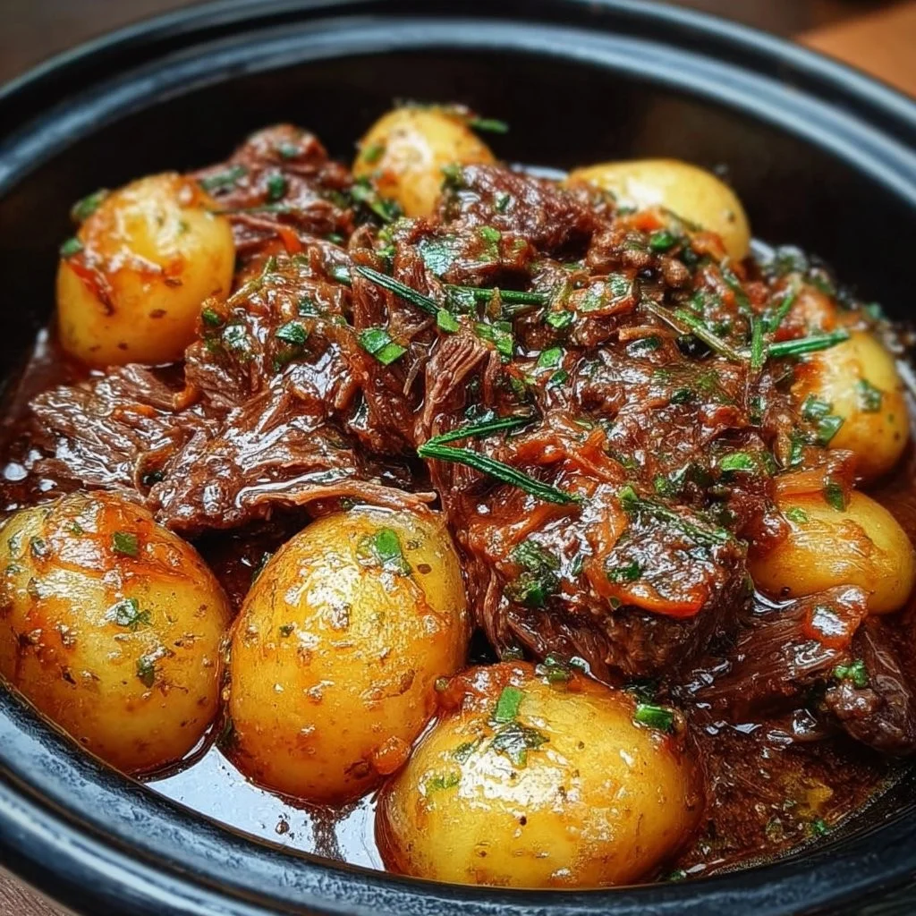 Slow cooker garlic butter beef dish served with tender potatoes.