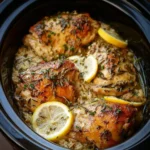 Plate of Slow Cooker Lemon Herb Chicken garnished with fresh herbs and lemon slices