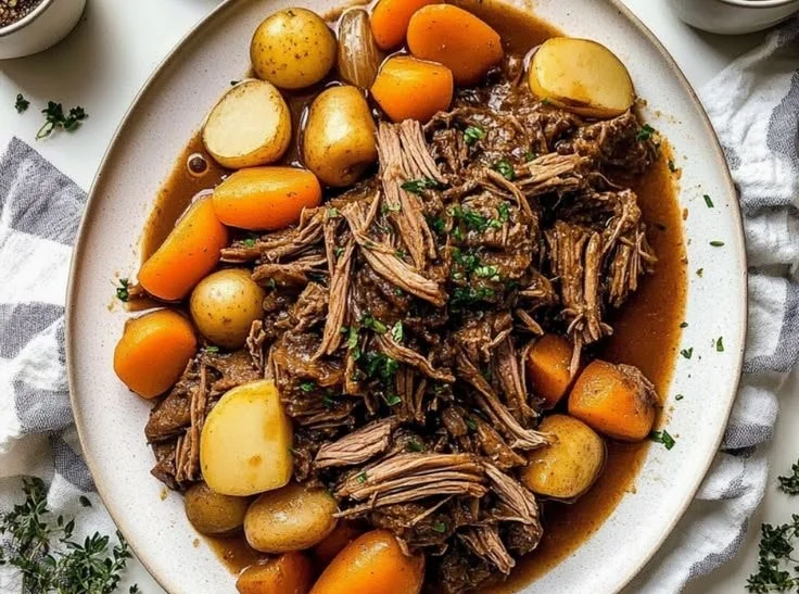 Delicious slow cooker pot roast with vegetables and herbs