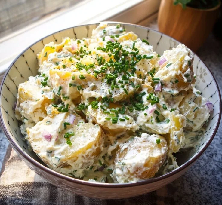 Sour Cream and Onion Potato Salad in a bowl garnished with herbs