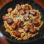Delicious honey garlic sausage pasta skillet dish served in a bowl