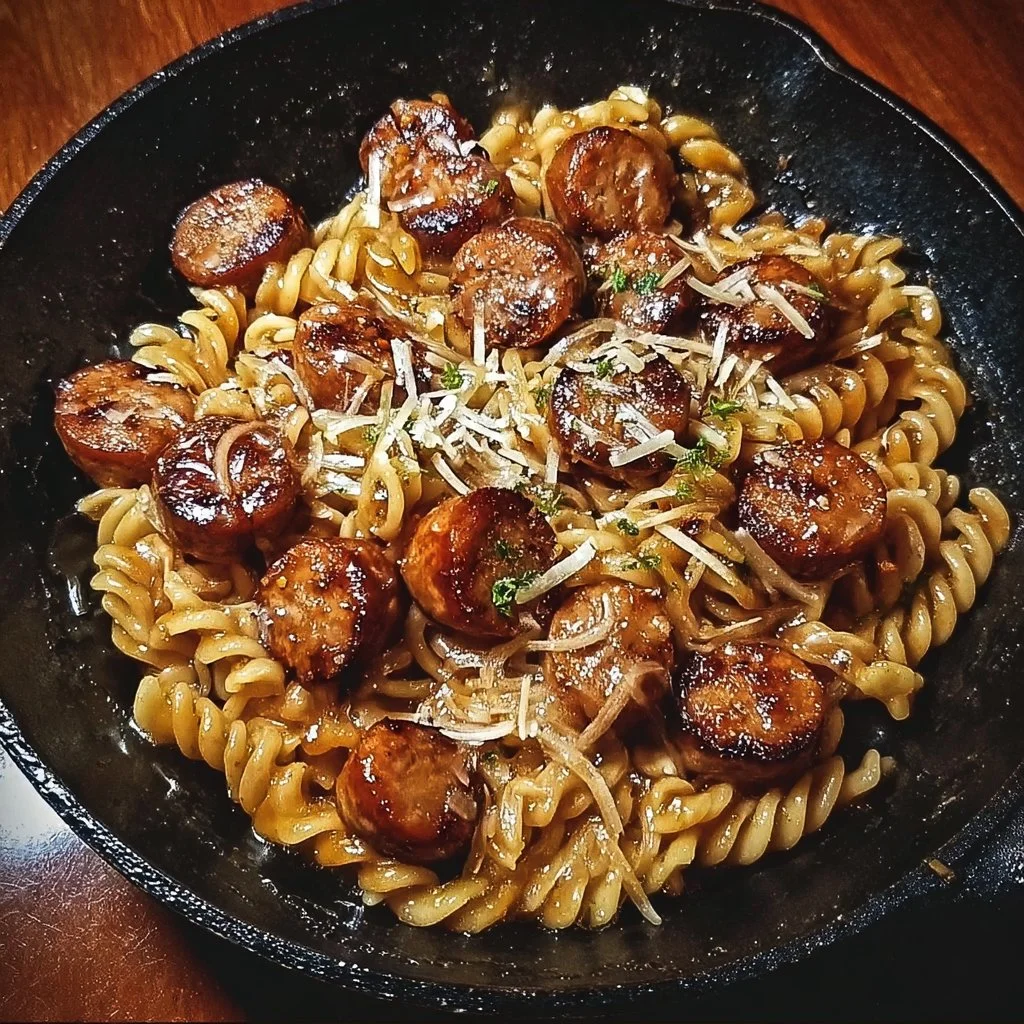 Delicious honey garlic sausage pasta skillet dish served in a bowl