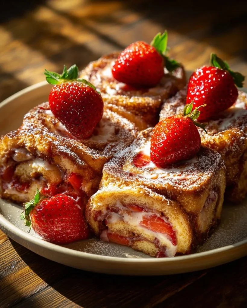 Delicious strawberry French toast roll-ups served on a plate
