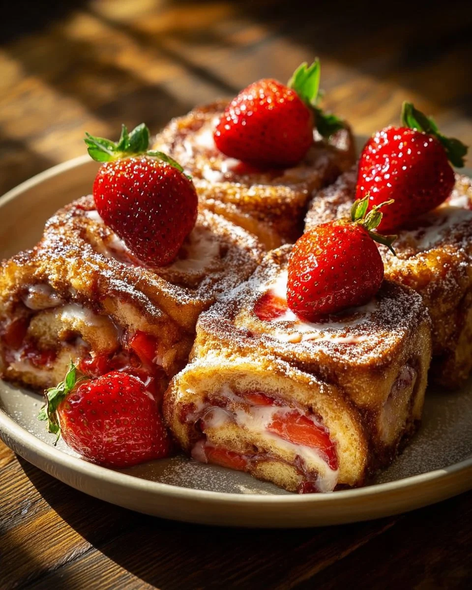 Delicious strawberry French toast roll-ups served on a plate