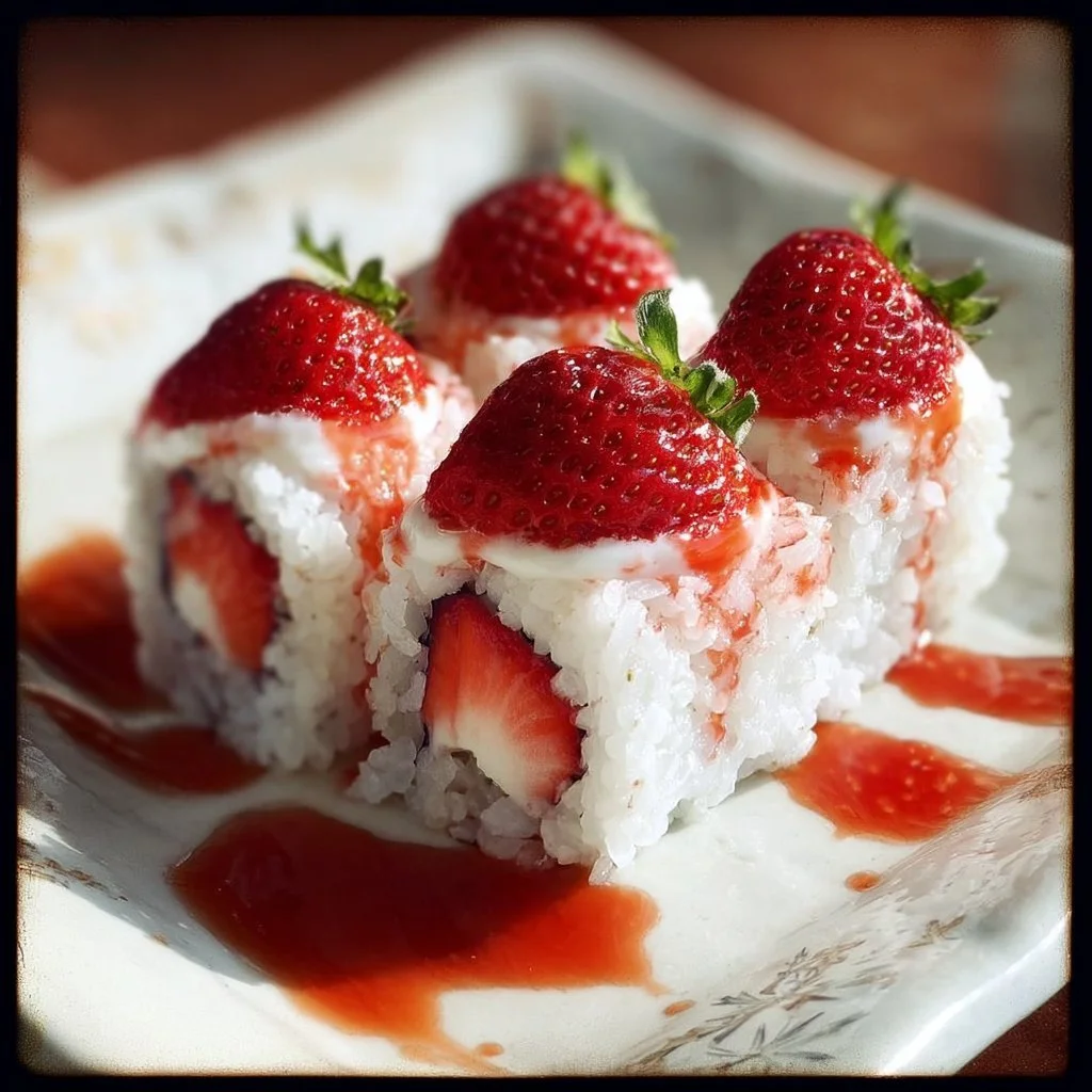 Delicious Strawberry Shortcake Sushi featuring fresh strawberries and cream.