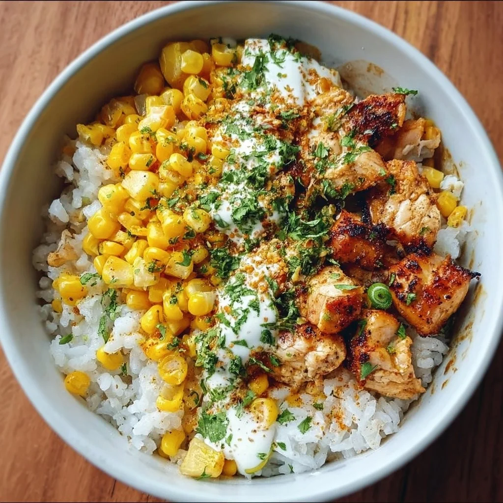 A delicious Street Corn Chicken Rice Bowl featuring grilled chicken, corn, and rice.