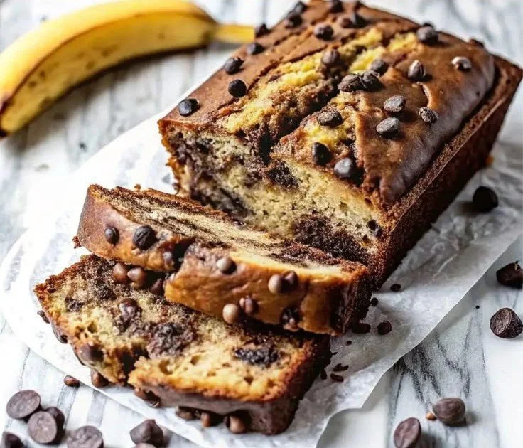 Deliciously moist chocolate chip banana bread sliced and served