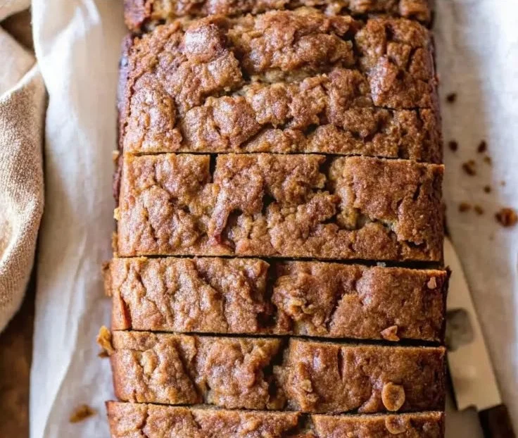 Deliciously moist sour cream banana bread sliced and served on a wooden board