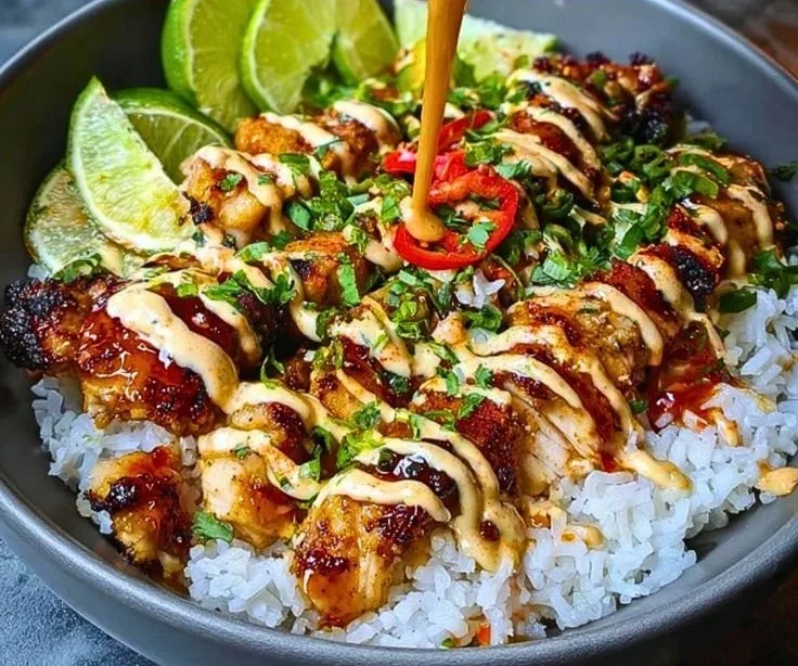 Sweet Chili Chicken Bowl garnished with Coconut Lime Drizzle