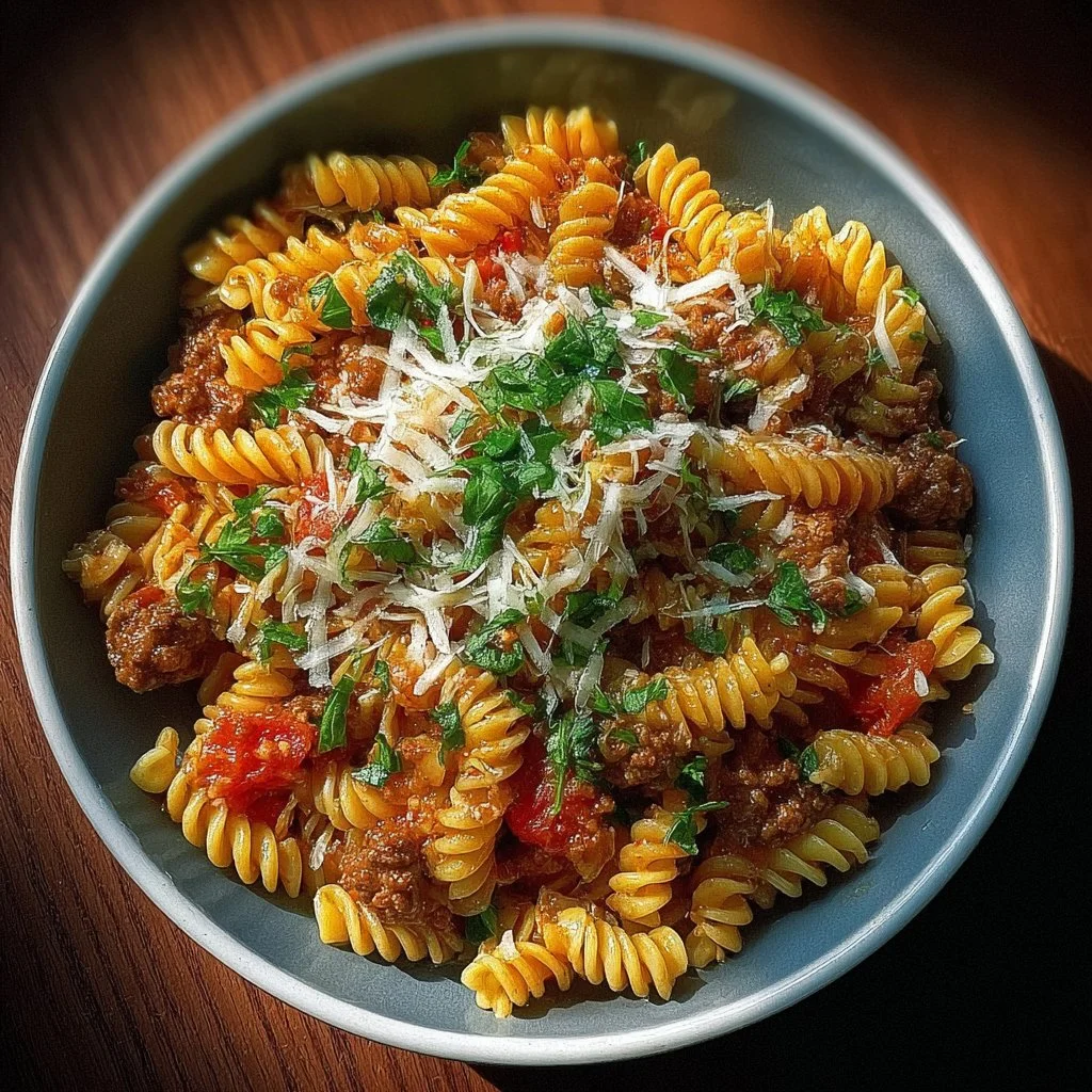 Delicious taco pasta dish topped with cheese and fresh ingredients