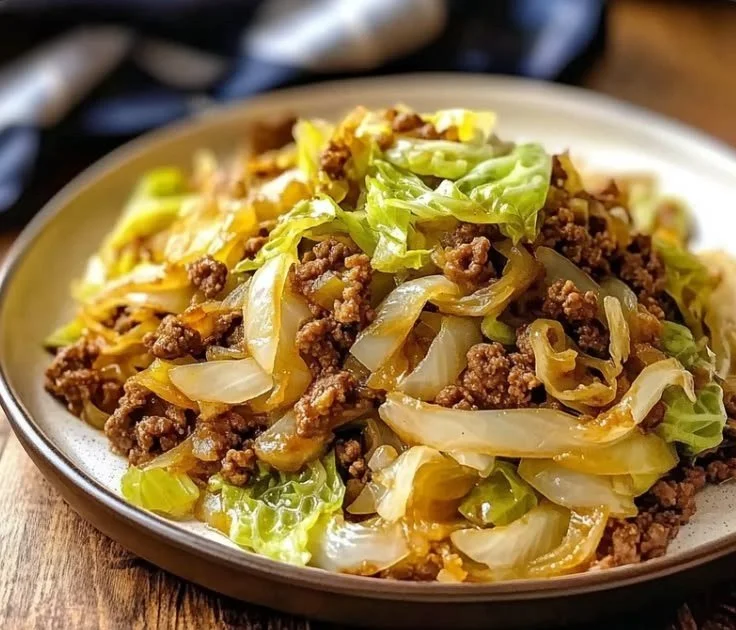 Tasty ground beef and cabbage skillet dish served in a pan