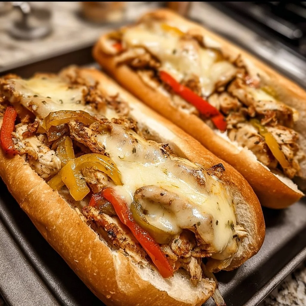 Ultimate Chicken Philly Cheese Steaks with melted cheese and fresh toppings