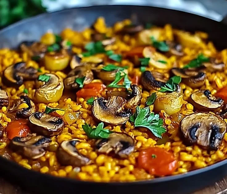 Delicious vegan paella with a variety of mixed mushrooms and colorful vegetables.