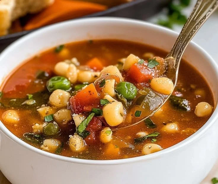 A bowl of vibrant veggie minestrone soup filled with colorful vegetables and herbs
