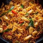 Delicious homemade chicken lo mein served in a bowl with colorful vegetables.