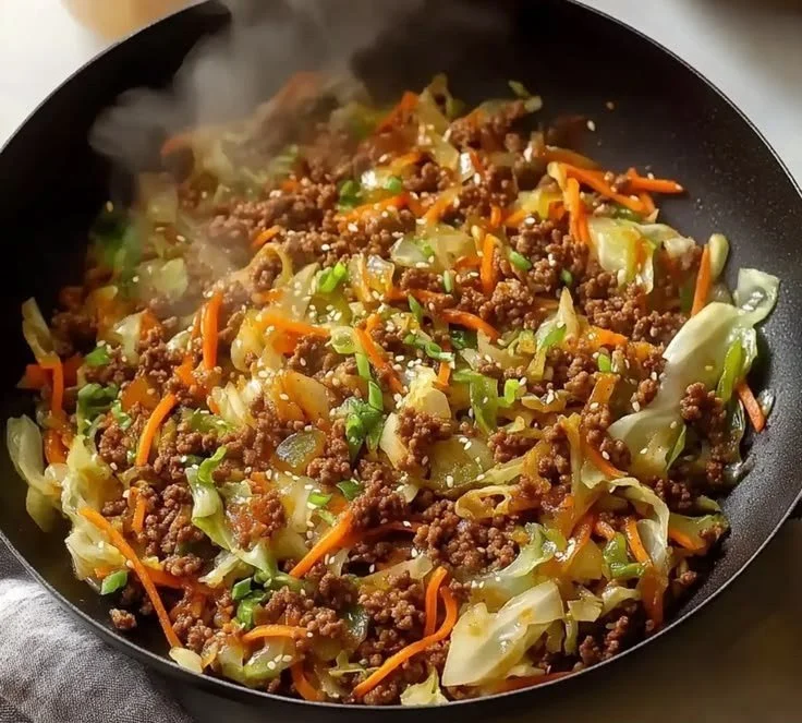 30-Minute ground beef and cabbage stir fry in a skillet
