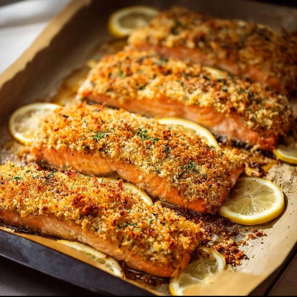 Baked Parmesan Crusted Salmon on a plate garnished with herbs