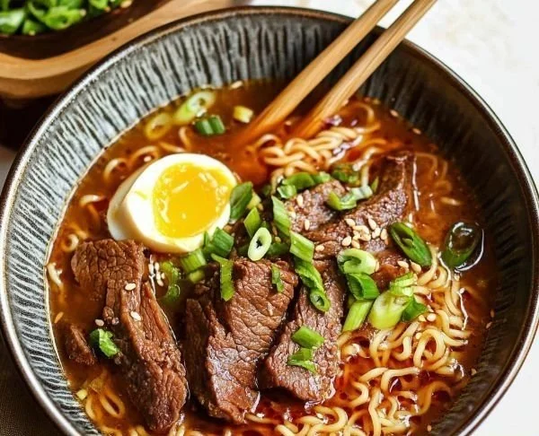 Beef Ramen Noodle Soup 3 Bowl of beef ramen noodle soup garnished with green onions and soft-boiled egg