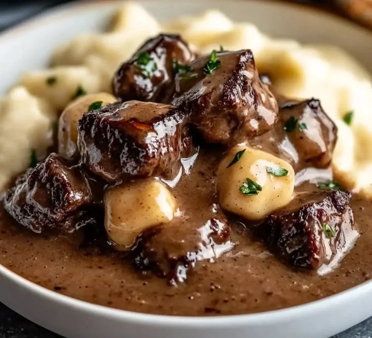 Beef tips and gravy served over mashed potatoes
