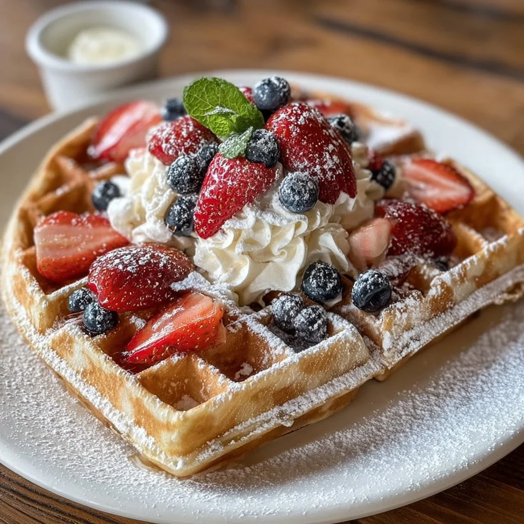 Belgian Waffles 3 Delicious Belgian waffles topped with fresh berries and whipped cream