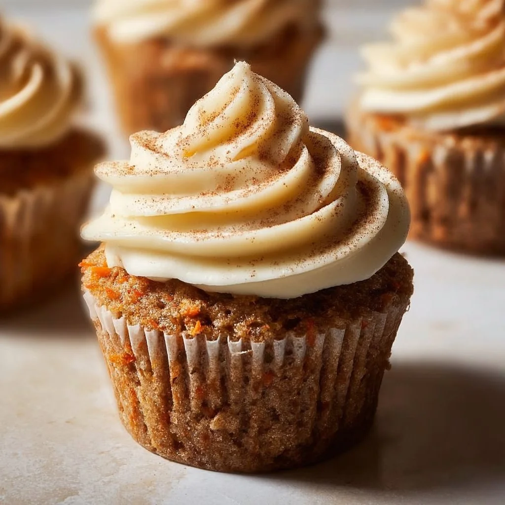 Delicious carrot cake cupcakes with cream cheese frosting on a plate