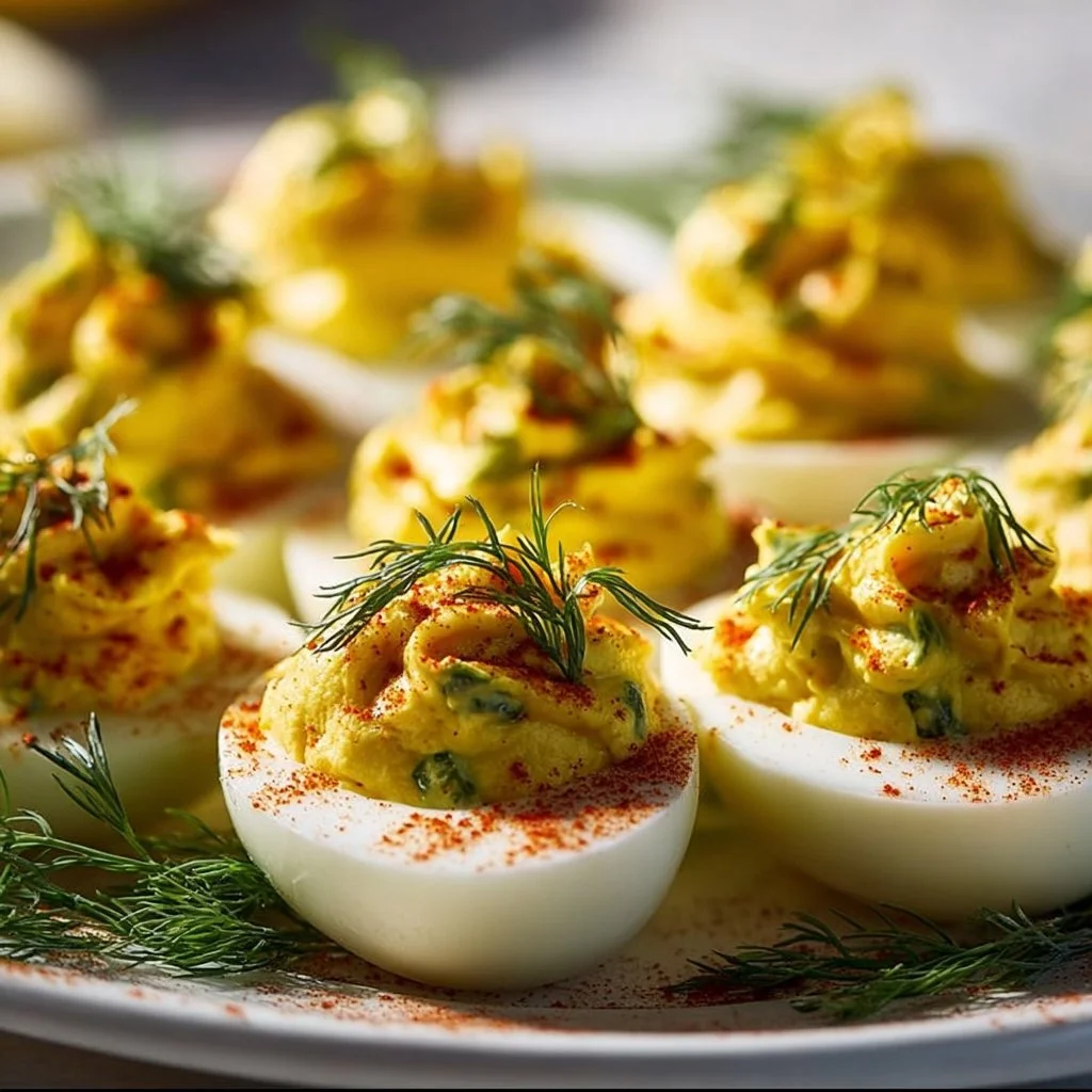 Best Dill Pickle Deviled Eggs 3 Delicious dill pickle deviled eggs garnished with herbs on a platter