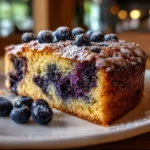 A slice of blueberry coffee cake with fresh blueberries on top.