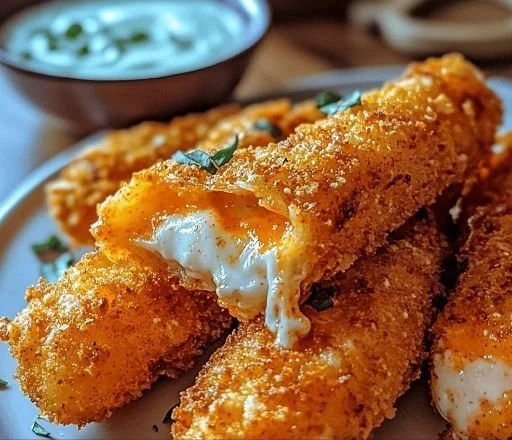Buffalo Chicken Mozzarella Sticks served with dipping sauce