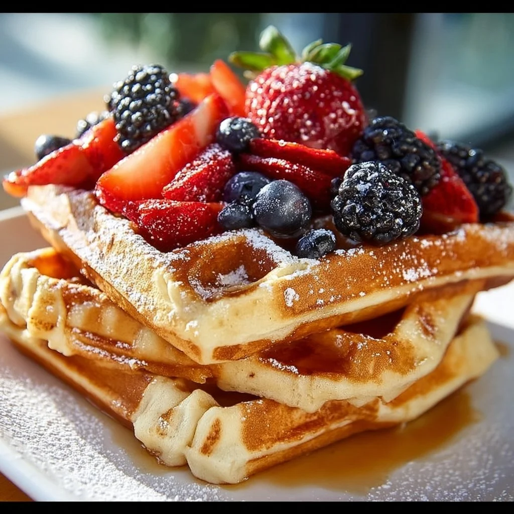 Delicious buttermilk waffles served with syrup and fresh berries