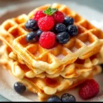 Delicious buttermilk waffles served with syrup and fresh berries